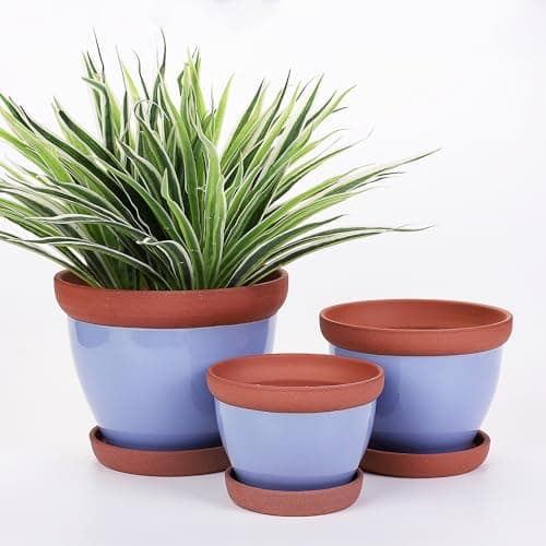 Yishang Glazed Terracotta Pots with Saucers, Set of 3, 5", 6", and 7" Sizes, Ceramic Clay Planter Pots with Drainage Holes - Blue
