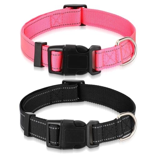 2 Pcs Shock Collar Replacement Strap Reflective Dog Collar Nylon Replacement Collars with Safety Locking Buckle and D-Ring Adjustable Collars Strap for Medium Dogs(Black, Rose Red)