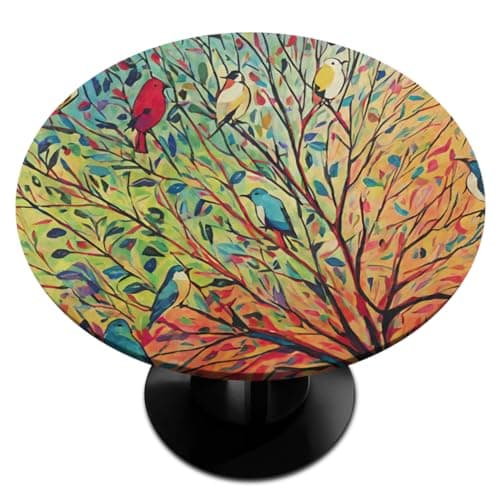 Fall Bird Round Fitted Tablecloth with Elastic Edge, Birds Tree Table Cover Waterproof Wipeable Round Elastic Table Cloths, Ideal for Kitchen, Picnic, Patio, Fits Tables up to 36"-42" Diameter