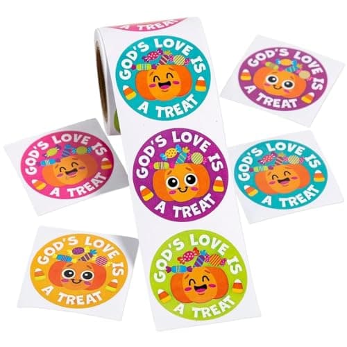 Fun Express 1 1/2" Religious Halloween God’s Love is a Treat Pumpkin Sticker Roll - 100 Piece