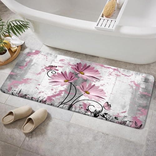 VeiVian Rustic Farmhouse Bath Rug, Farm Pink Grey Daisy Floral Flowers and Butterfly on Country Wooden Bath Mat, Gray White Kitchen Rug Floor Mat Soft Non Slip Runner (Pink, 17.00" x 48.00")