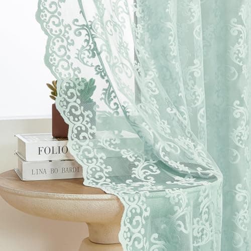 FOLKSIDE Pastel Turquoise Lace Curtains 63 Inch Length Western Paisley Aqua Lace Curtains for Living Room Bedroom Rod Pocket Light Filtering French Window Drapes Modern Sea Ocean Beach Decor, 52x63