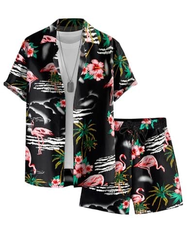 EISHOPEER Men's Flamingo Hawaiian Shirt and Short 2 Piece Outfits Sets with Bucket Hats Small