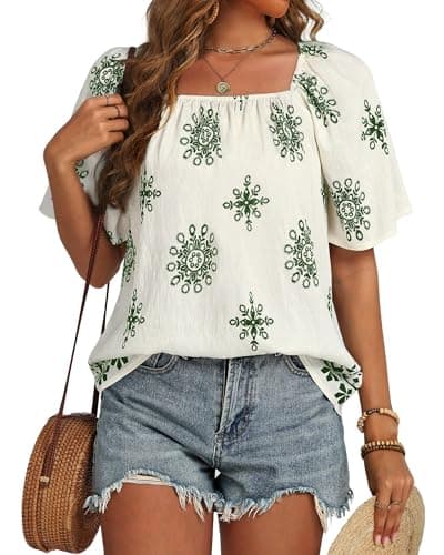 IEEILULU Womens Summer Boho Tops Square Collar Floral Print Loose Fit Blouses Tunic Casual Beach Vacation Shirts White Green S
