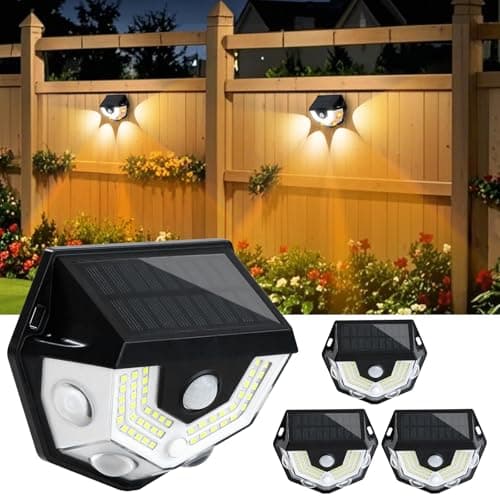 HAARAY 2-in-1 Solar Motion Lights, 270° Wide Angle Illumination Fence Lights, 3 Modes, 54LEDs White Light & 4LEDs Warm Light, IP64 Waterproof, Outdoor Wall Light for Pathway, Yard, Garden, 4 Pack