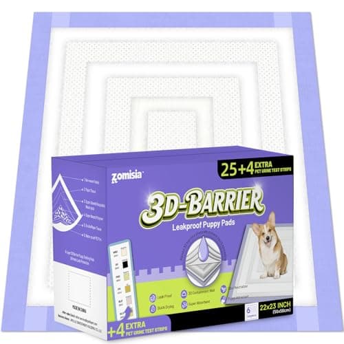 ZOMISIA 3D-Barrier Puppy Pee Pads for Dogs, 7 Cups Absorb & Rise Puffy Gel-Wall Leak-Proof, 22"x23" 25 Counts + 4 Pet Urine Test Strips, Super Absorbent Disposable Potty Training Pads
