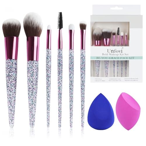 Unfovi 6-Piece Makeup Brush Set with 2 Beauty Sponges & Bling Crystal Handle - Daily Essential Cosmetic Brushes Kit for Professional Foundation, Concealer, Eyeshadow, Powder Blush(Purple)