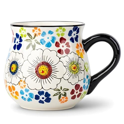 Moqidadii 17oz Embossed Ceramic Coffee Mug – Artistic Bold Contrast Cup with Deep Blue Base & Bright Yellow Blossoms, Oversized Vintage Pottery Gift Mug for Women