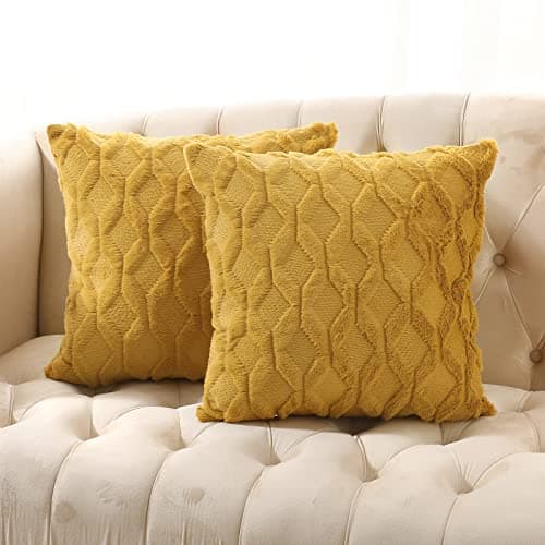 Volcanics Pack of 2 Faux Wool Yellow Throw Pillow Covers 18x18 Inch