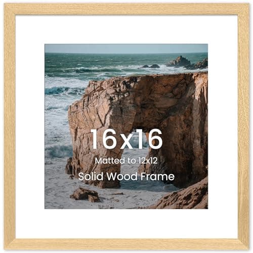 Acovy 16x16 Picture Frame, Solid Ash Wood 16"x16" Photo Frame, Right Angle 16 x 16 Picture Frame Matted to 12x12, 16 by 16 Frame HD Tempered Glass,Vertical or Horizontal Wall Hanging, 1PC