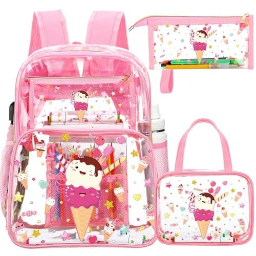 Kacctyen 3 Pcs Heavy Duty Clear Backpack Set,Pink,Ice Cream