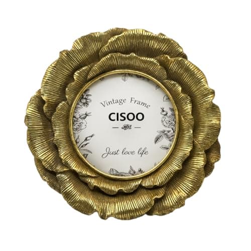 CISOO 4x4 Vintage Round Picture Frame, Antique Gold Ornate Flower Circle Photo Frame, for Tabletop and Wall Display, Decorative Floral Retro Home Decor, Photo Gallery Art