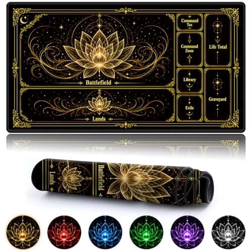 JANENFNA Playmat for MTG with Zones, 24 x 14 Inch Card Game Mat, Stitched Edges, Non Slip Rubber Base, 2mm Washable Play Mat with Storage Bag, Lotus Flower Design, Gold Color