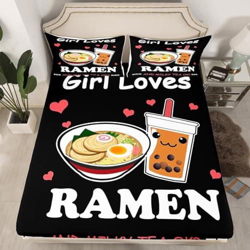 Feelyou Ramen Boba Fitted Sheet Anime Bedding Set for Kids Boys Girls Teens Noodles Bubble Tea Bed Sheets Set Girl Loves Ramen Boba Bed Cover Room Decor Bed Set Twin Size