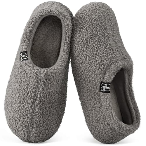 HomeTop Women's Fuzzy Curly Fur Memory Foam Loafer Slippers Bedroom House Shoes with Polar Fleece Lining (5-6, Grey)