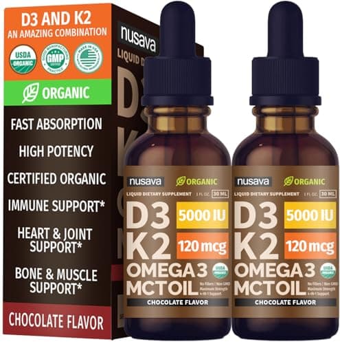 (2 Pack) Organic Vitamin D3 K2 Drops with MCT Oil Omega 3, 5000 IU, Maximum Strength Vitamin D Liquid, No Fillers, Non-GMO Liquid D3 for Faster Absorption and Immune Support (Chocolate, 2 Fl Oz)