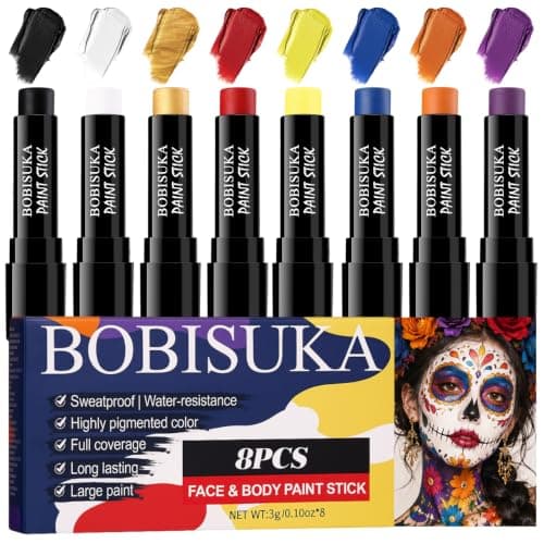 8PCS Face Body Paint Stick, Oil Based Face Painting Kit for Halloween Clown Monster Skull Vampire Costume Cosplay Makeup, Sports Eye Black for Football, Baseball, Softball