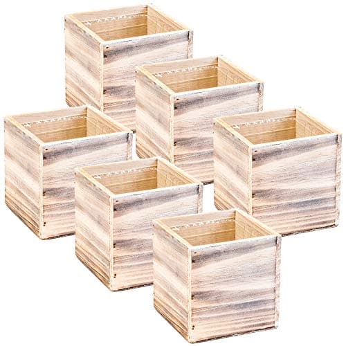 Wood Planter Box 4 Inch Square, Whitewash Color, Plastic Liner, Garden Centerpiece Display, Wedding Flowers Holder, Home and Venue Decor, (Set of 6) (Whitewash)