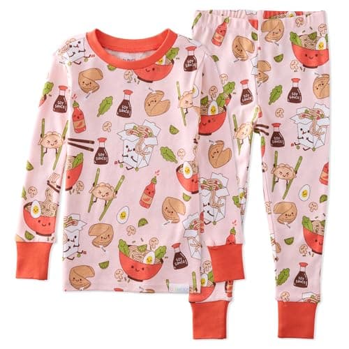 Butterblu Zen Snug-fit 2-Piece Pajamas 100% Organic Cotton Long Sleeve for Girls, Pink Dim Sum Fun, 2T