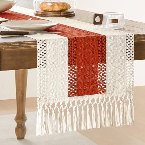ZeeMart Macrame Style Bicolor Stitching Table Runner 14x48in Orange