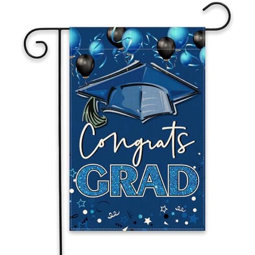 Congrats Grad Garden Flag Double Sided, Blue Graduation Cap Balloon Yard Lawn Outside Decor, Class Of 2025 Graduation Yard Outdoor Decoration