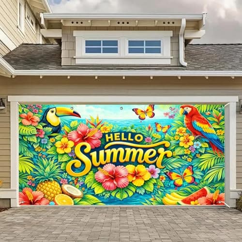 HOMETITUTE Hello Summer Tropical Garage Door Cover 13x6ft