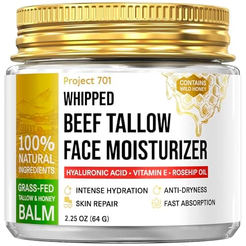 Beef Tallow for Skin and Face - Grass Fed Tallow and Honey Balm, All Natural Skin Care Moisturizer with Hyaluronic Acid - Day & Night Beef Tallow Face Cream for Dry, Sensitive Skin, Glass Jar 2.25 oz