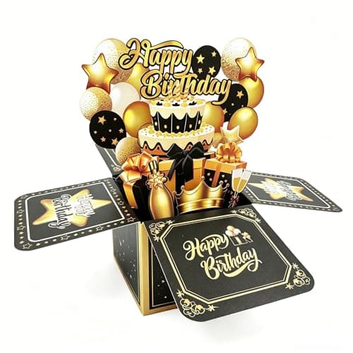SOLIFEGOBLE Pop Up Birthday Card, Black Gold 3D Box Card with Blank Note and Envelope, Greeting Card for Men, Husband, Dad, Boyfriend