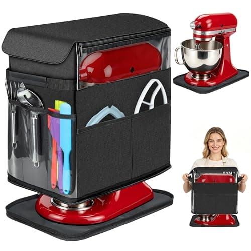 2026 Upgraded Stand Mixer Dust Cover with Appliance Sliders Base, Compatible with KitchenAid Tilt-Head 4.5-5 Quart Mixer, Waterproof Mixer Protector with Storage Pockets for Kitchen Aid Attachments