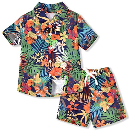 HINTINA Toddler Little Boy Shorts Set Hawaiian Outfit Short Sleeve Palm Leaf Shirt Summer Clothes Set Suit 2-3T