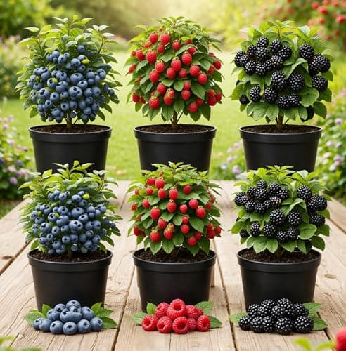 6 Pack Berry Grower Live Plants Bundle – 2 Blueberry, 2 Raspberry & 2 BlackBerry Bushes – Fruit Plants for Outdoor Garden or Containers – Easy to Grow Edible Berry Starter Kit