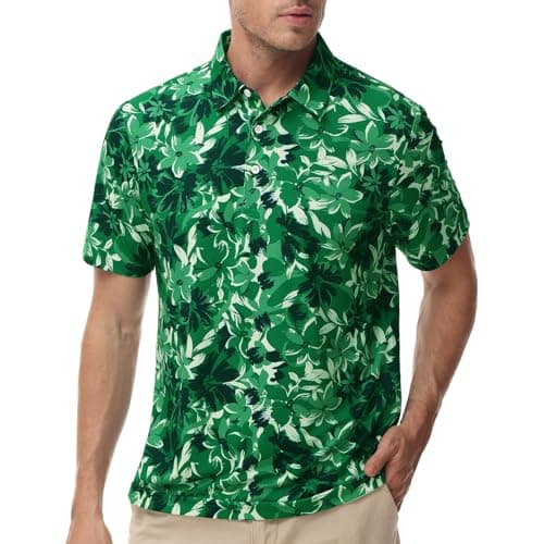 TIHEEN Mens Performance Moisture Wicking Golf Polo Shirt,Mens Business Casual Printed Short Sleeve Polo Shirts (Green,3XL)