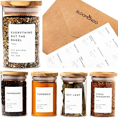 Bloomondo 160 Waterproof Spice Jar Labels Preprinted 2.1x1.6in Spice Label for Empty Spice Jars. 112 Spice Stickers, 8 Blank Pantry Labels and 40 Expiry Labels for Seasoning Containers