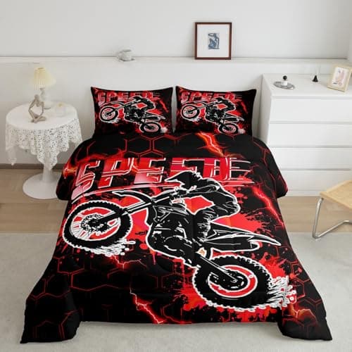 Feelyou Kids Red Dirt Bike Comforter Set Twin Size for Boys Girls
