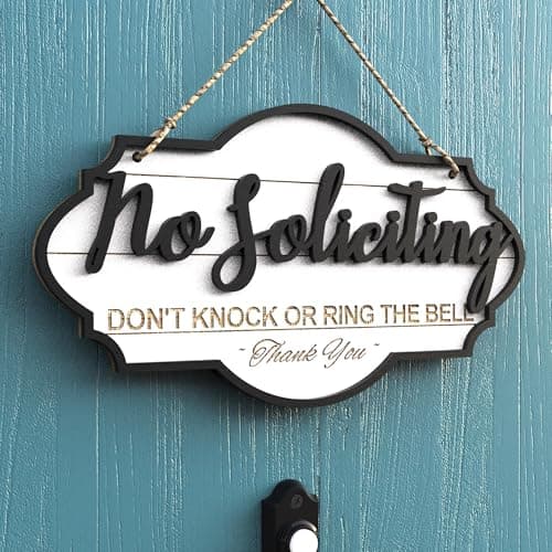 AquaChase 13"x7" No Soliciting Sign for Front Door, Rustic Wooden Hanging Plaque for Business & Store, Embossed Letters, Bold & Effective Message to Keep Solicitors Away (White)