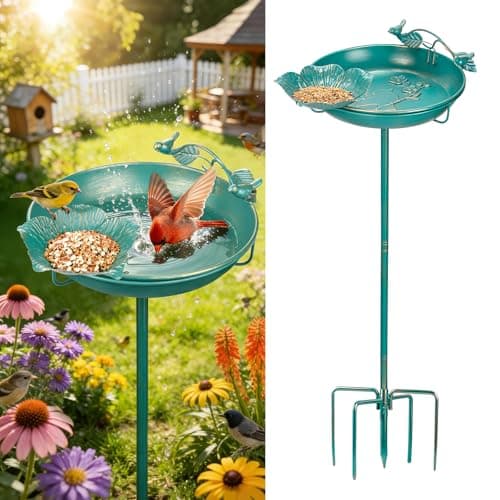 Mellbree Bird Bath for Outside 12", Metal Freestanding 12" Dia 39" H Lake Blue Gold Gilding Birdbath with Perch & Feeder Bowl, Multi-Functional for Garden Patio Yard Lawn Outdoor Decor