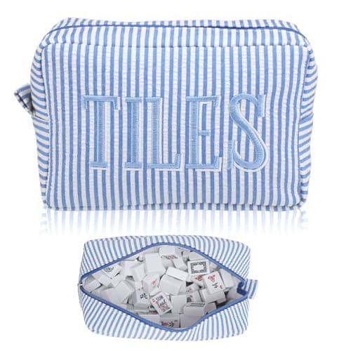 Sunnymove Empty Mahjong Bag Thickened American Mahjong Tiles Bag with Zipper Storage Pouch for Board Game Pieces Game Party Travel Gatherings Accessories, 10.4''x5.6'', Case Only (Tiles,Striped Blue)