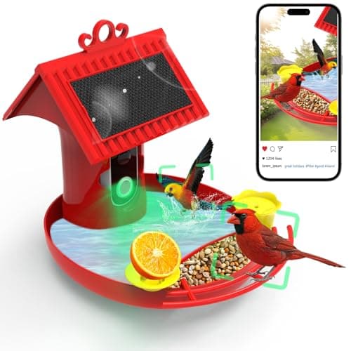 Bird Feeder with Camera - 4K HD Live View, Smart Bird Feeder Solar Powered, AI Recognition Auto Capture Video, 3-in-1 Feeding & Bathing & Hummingbird, Outdoor Garden Bird House (Red)