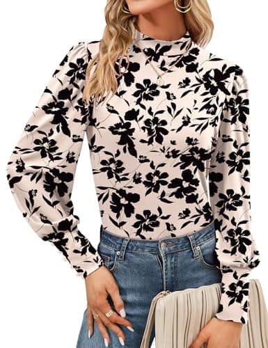 Qirno Mock Neck Tops for Womens Turtleneck Puff Long Sleeve Shirts Blouses