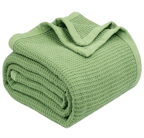 TreeWool Premium 100% Cotton Waffle Queen Blanket (90"x90", Sage Green)