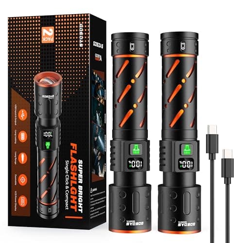 Gosdas Rechargeable Flashlights High Lumens 100000 2 Pack, Super Bright 30W LED, Long Lasting 12H, Single Click 3 Modes, Multifunctional USB C Input Output LCD Power Display, for Camping Hiking Home