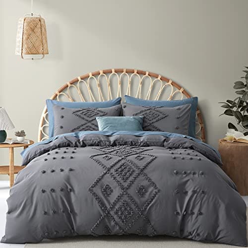 Oli Anderson Tufted Duvet Cover Queen Size, Soft and Lightweight Duvet Covers Set for All Seasons, 3 Pieces Boho Embroidery Shabby Chic Bedding Set (Grey, Queen, 90" x 90")