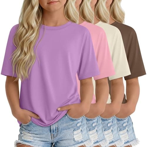 YooAurvox 4 Pack Girls Half Sleeve Shirts Tween Oversized Tops Teens Elbow Length Summer Casual Basic Tee for Kids Aged 5-14(Light Purple, Pink, Cream, Coffee,7-8 Years)
