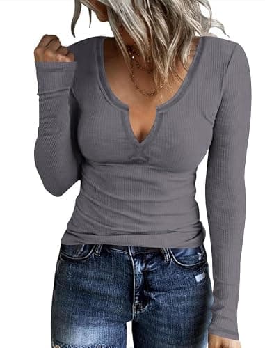 AKEWEI Cute Women's Long Sleeve Top - Basic Ribbed V-Neck Shirt - Medium Gray