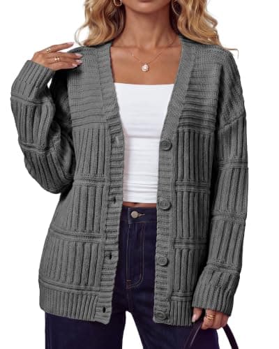Arach&Cloz Women's Wool Blend Oversized Chunky Cardigan Sweater Grey M