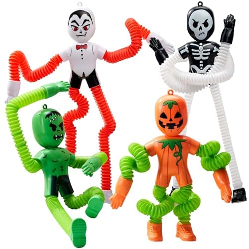 JOYIN 4 PCS Halloween Sensory Stretchy Toys, Stress Relief Telescopic Pop Tube Toys, Halloween Party Favors Children Gift, Frankenstein, Pumpkin, Skeleton, Kids Autisms