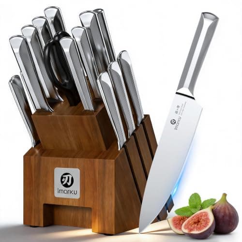 Imarku 16PCS Japanese High Carbon Stainless Steel Knife Set with Block & Sharpener, Dishwasher Safe Kitchen Knife Block Set, Ergonomic Handle Kitchen Utensils Set Gift