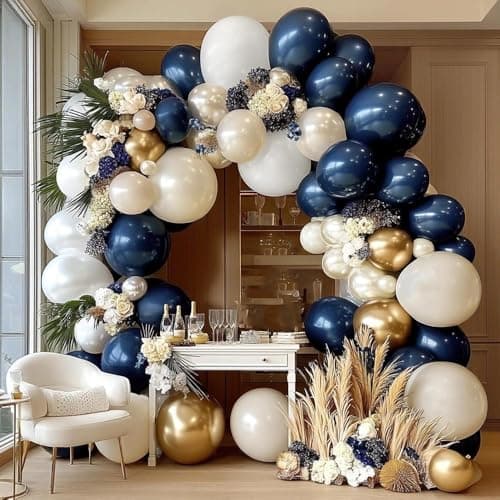 Navy Blue White Balloons Double Stuffed Dark Royal Blue White Gold Balloons Pearl Sand Balloon Garland Arch Kit for Birthday Baby Shower Father's Day Wedding Graduation Party Decorations