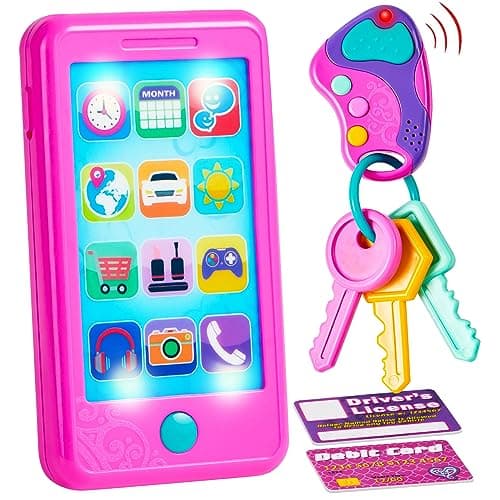 JOYIN Pretend Kids Phone, Learning Toy Phone Set (4-in-1),Kids Cellphone, Keyfob Key Toy, Driver's License, and Debit Card, Car Sounds,Phrases and Music,Girls Boys Birthday Gifts for Kids 1-3, Pink