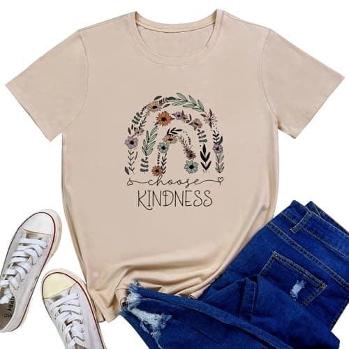 LOOKFACE Womens Floral Kindness Top Cute Graphic Tee Shirts Apricot XX-Large